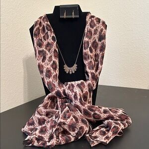 Leopard Print Scarf with Necklace and Earrings Set
